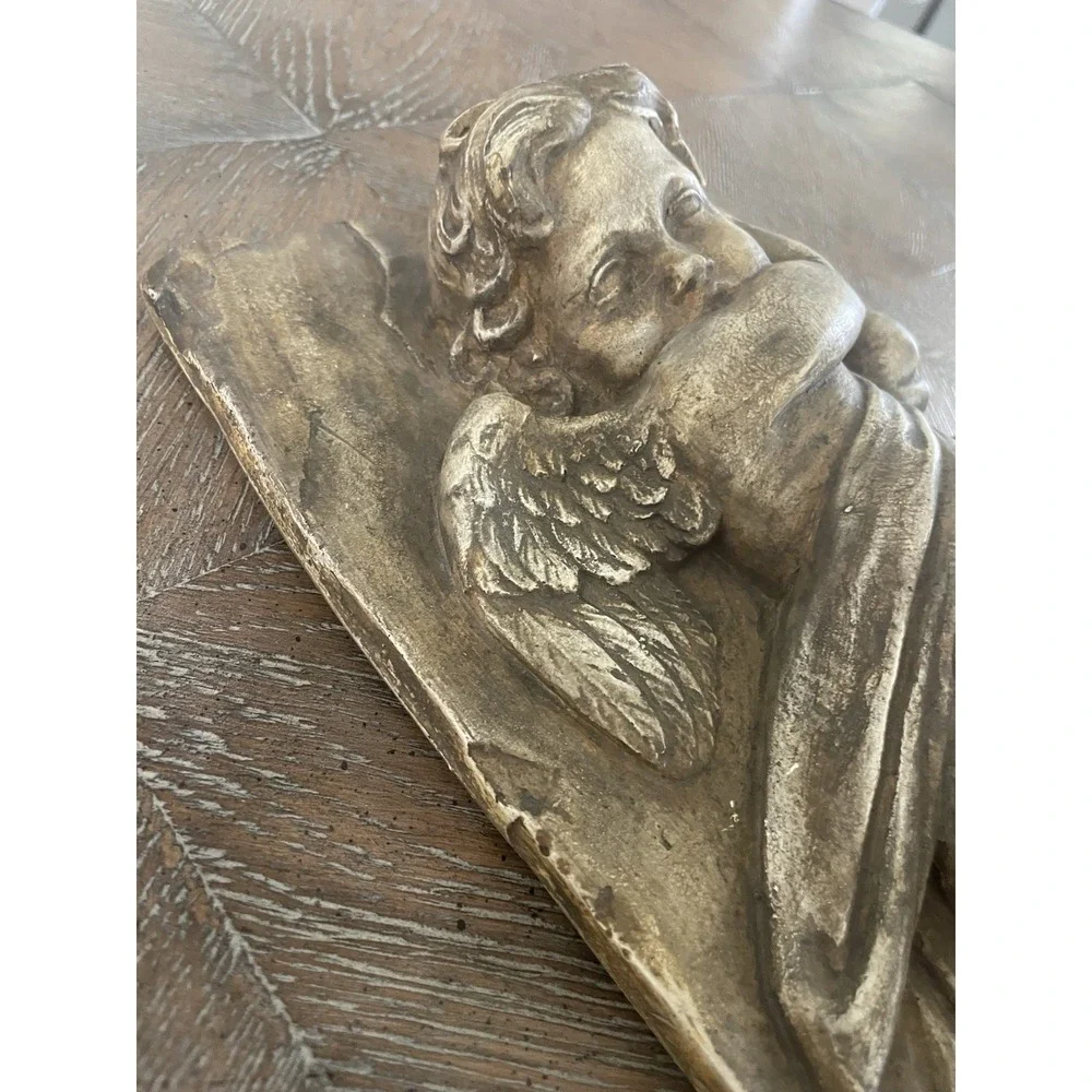 Vtg Hen-Feathers Cherub Angel Fruit  Wall Plaque Relief Resin 7x12